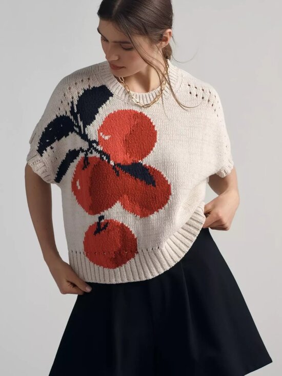 Anthropologie Sweaters - Anthropologie Maeve Short-Sleeve Veggie Motif Graphic Sweater Apples L NWT